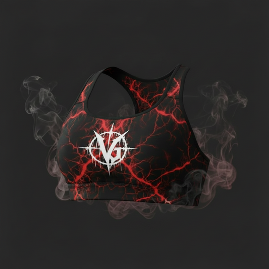 Black sports bra with red fracture pattern and white logo on a black background